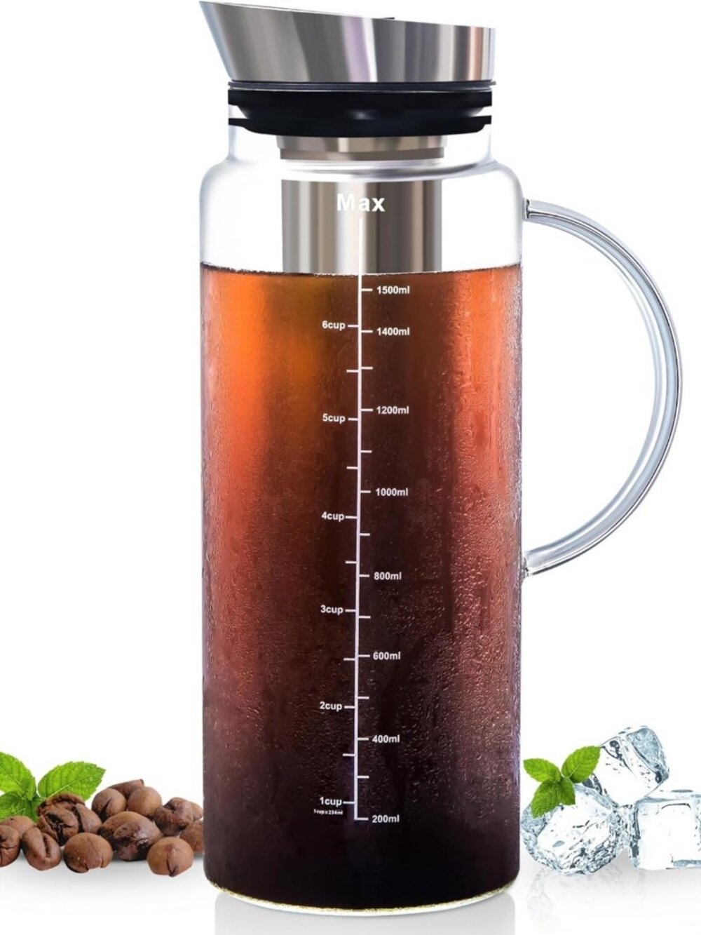 51oz Cold Brew Coffee Maker & Iced Tea Pitcher - Borosilicate Glass, Durable